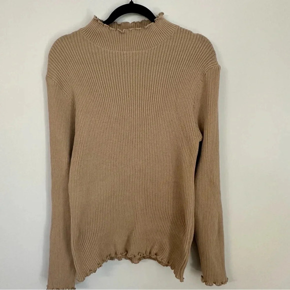 Shein Curve Women's Long Sleeve Tan Ribbed Ruffle Hem Top Size 2XL GUC - Picture 2 of 8